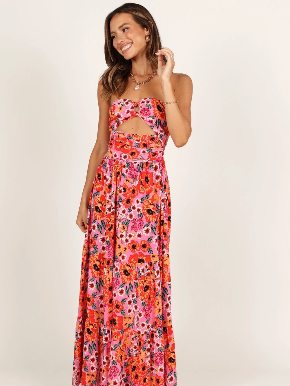 Floral Cutout Strapless Maxi Dress in Pink and Orange
